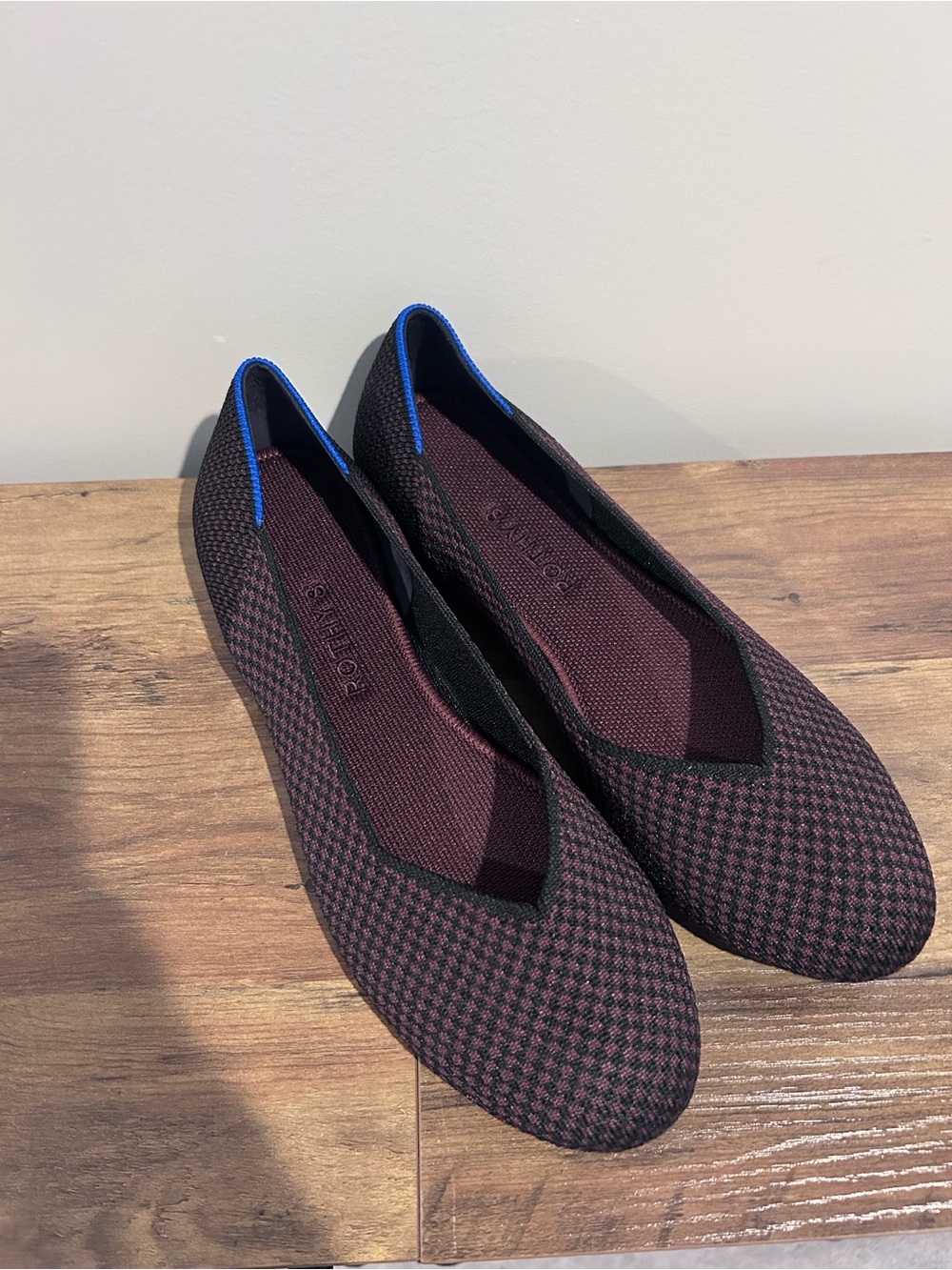 Rothy's Burgundy and Black Knit Ballet Flats with Blue Trim
